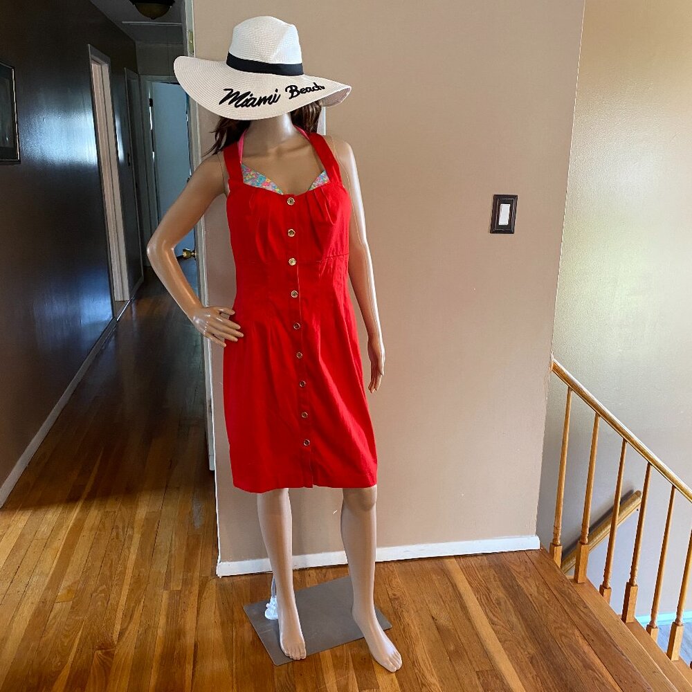 Calvin Klein Red Sleeveless Dress - Gold Buttons - Criss Cross Back Size 10